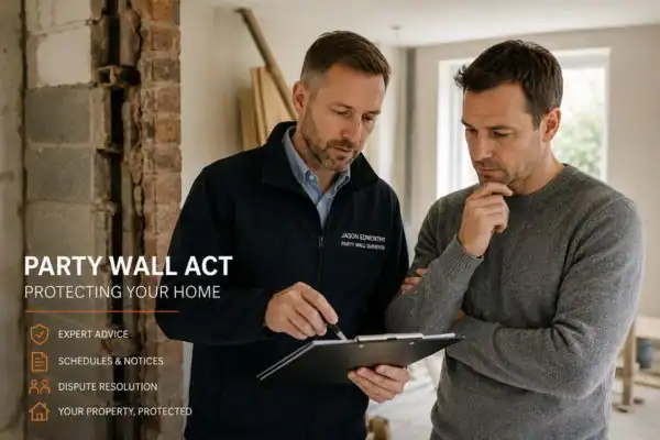 Party wall surveyor Northamptonshire discussing extension plans with homeowner outside a UK semi-detached house.